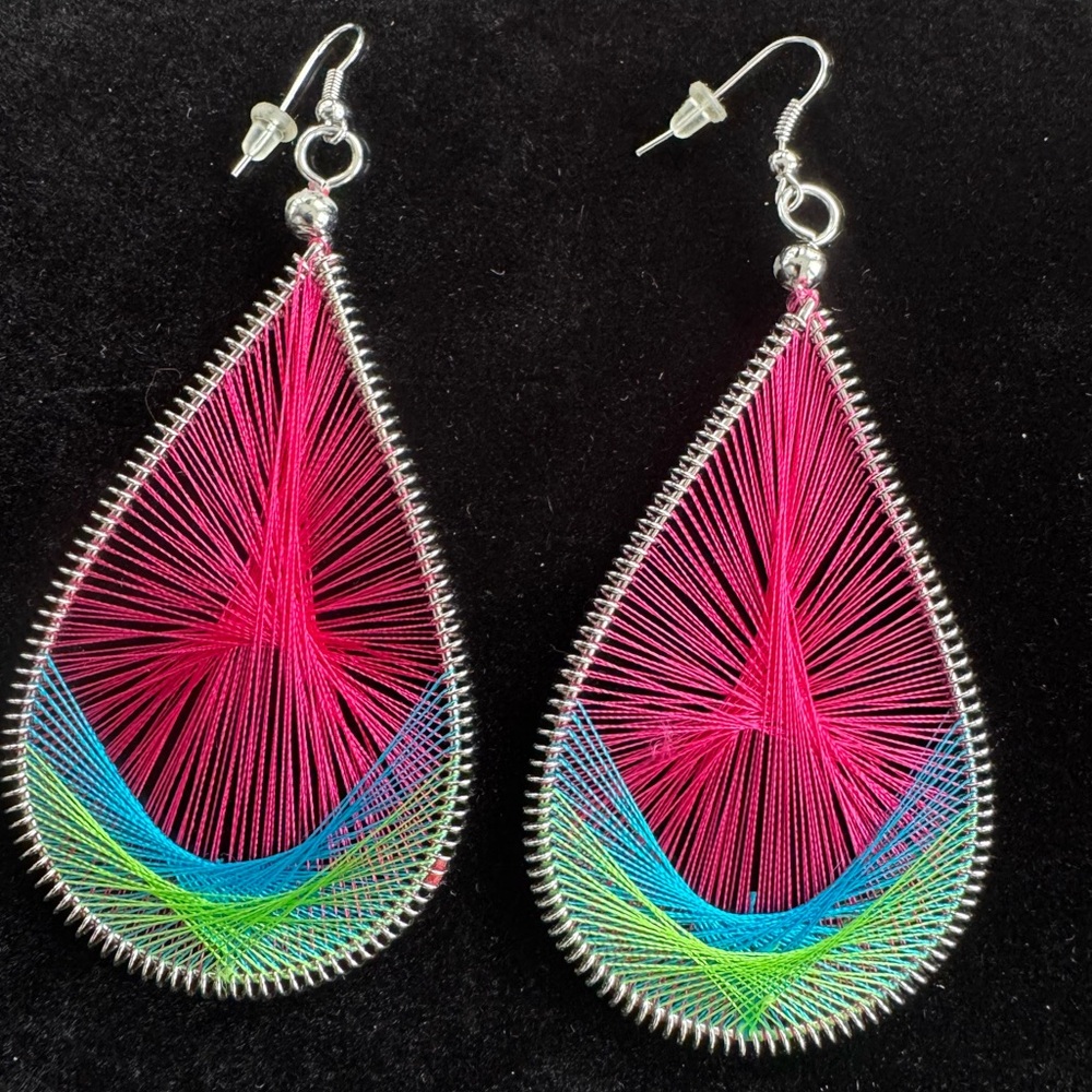 Silver Pink Green and Blue Peruvian Thread Colorful Teardrop Earrings